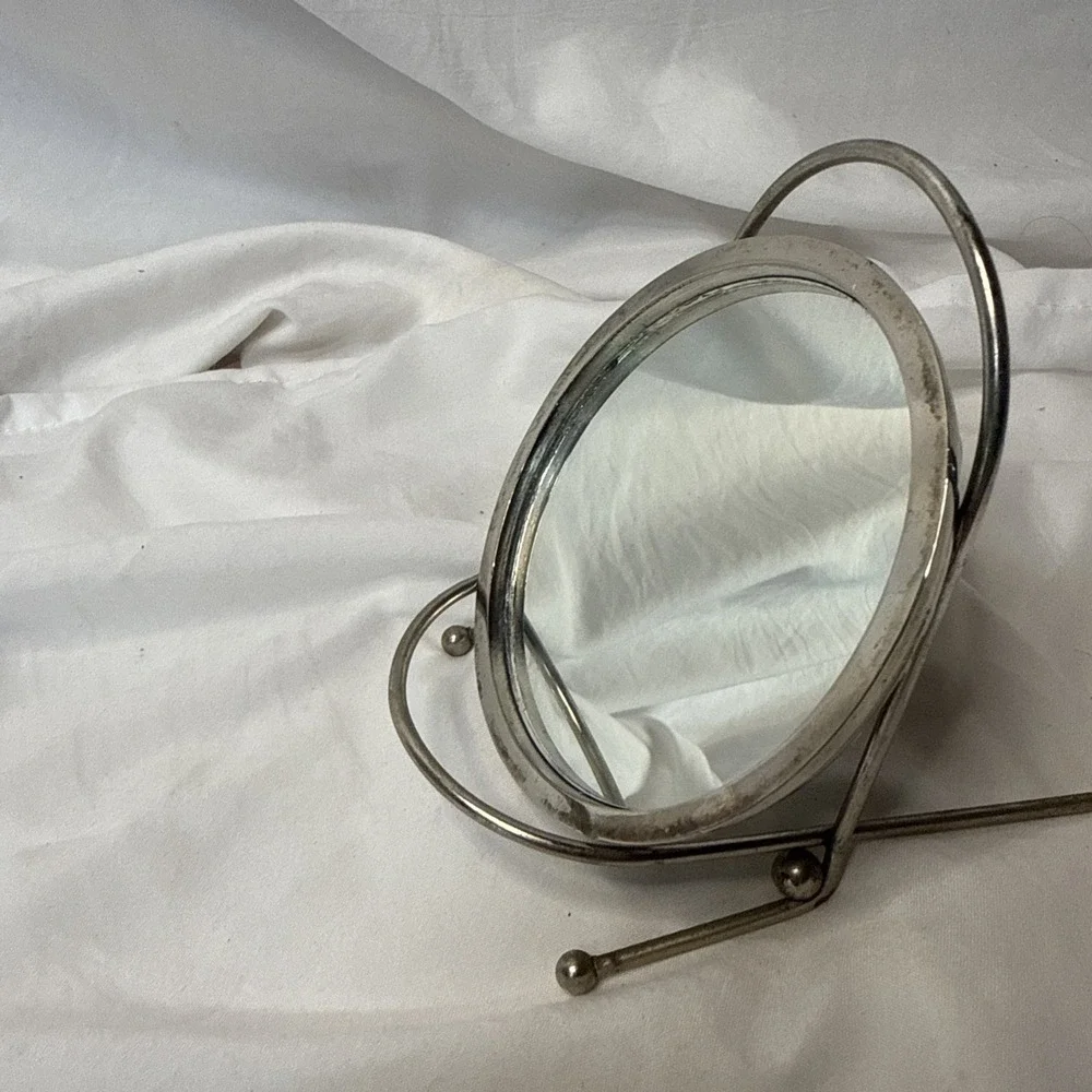 Vintage Silver Plate Round Makeup Vanity /Purse Hand Mirror 3.75